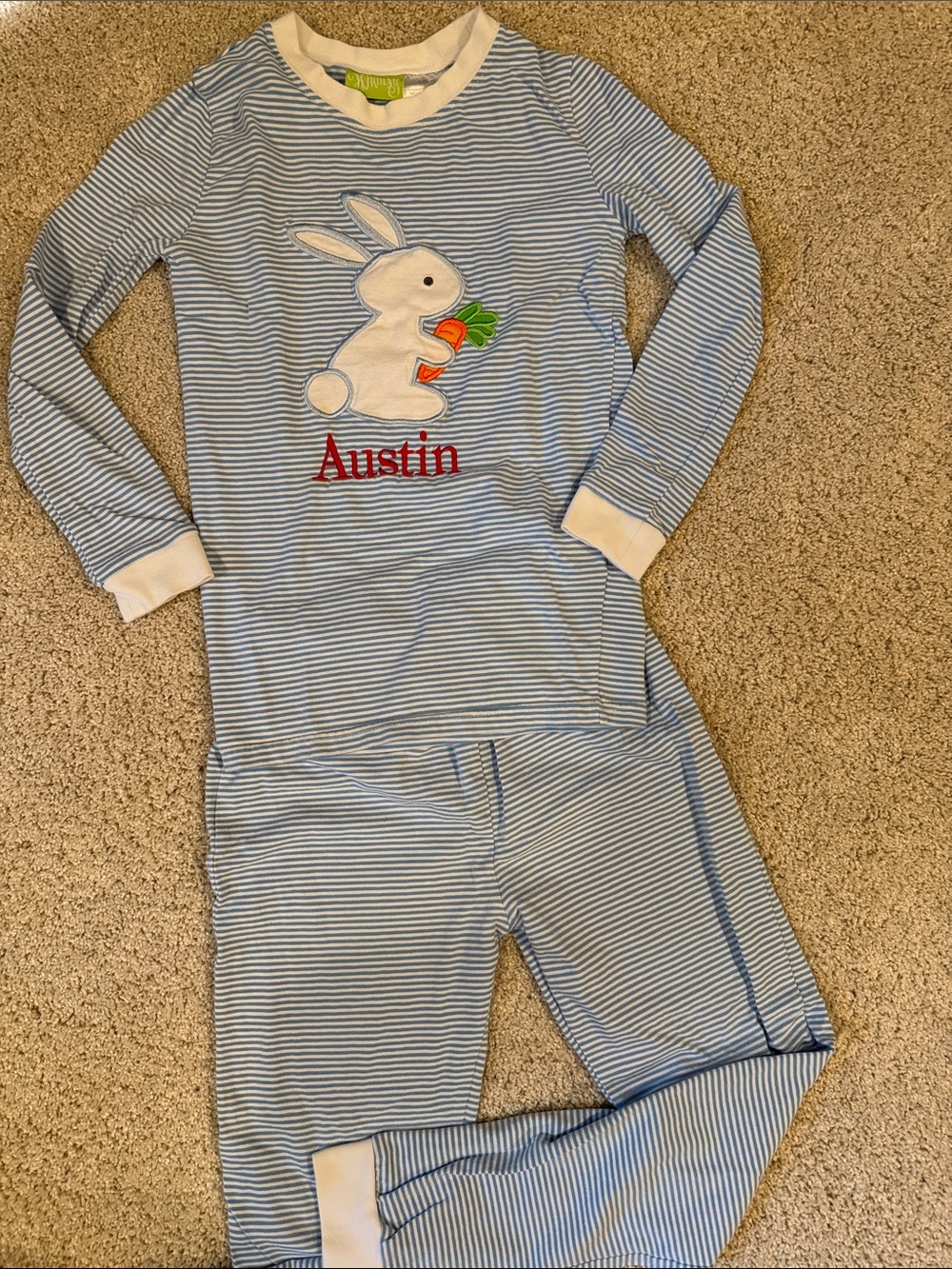 Blue and White Striped Bunny Pajama Set, size 10